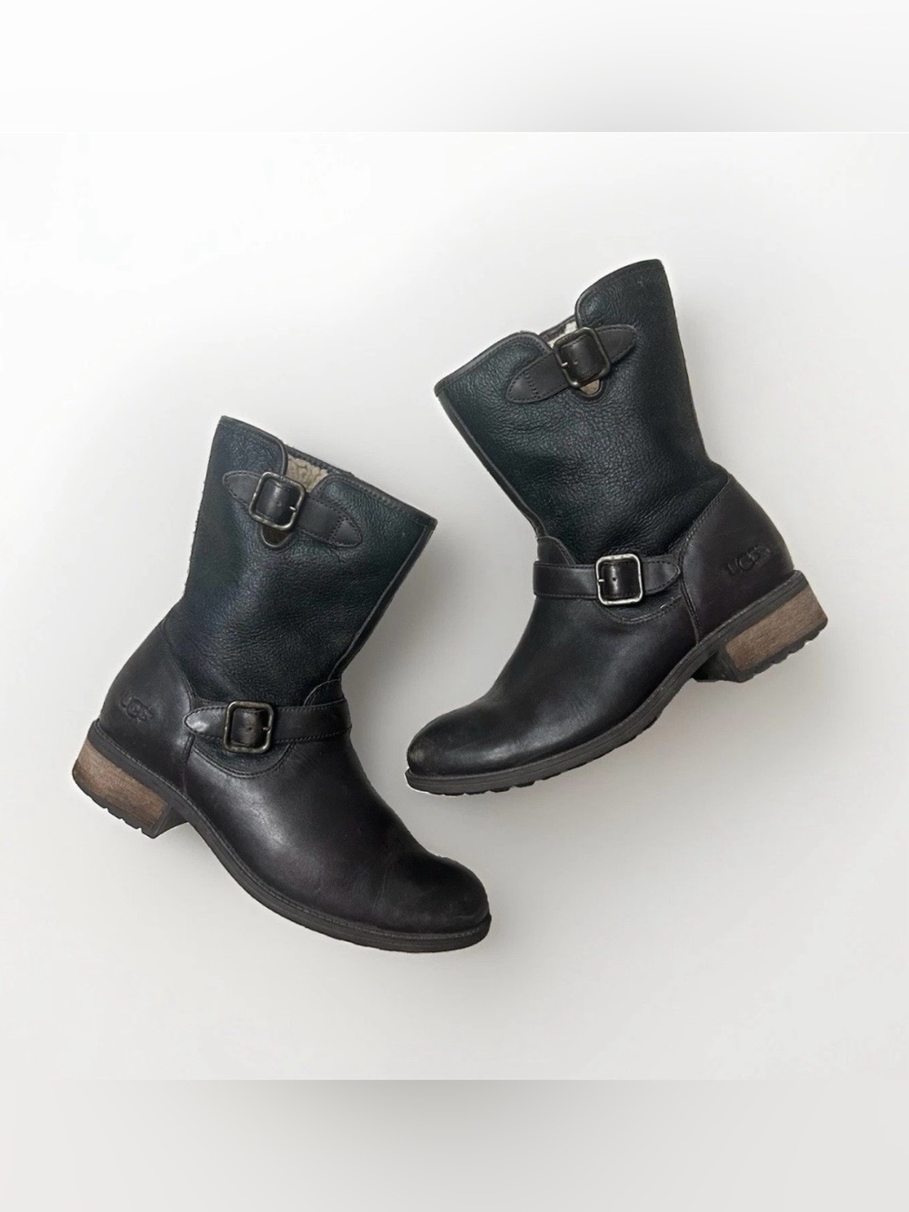 UGG Brown Leather Buckle Fleece Lined Chaney Moto Boot Women 11 Sheepskin Cozy